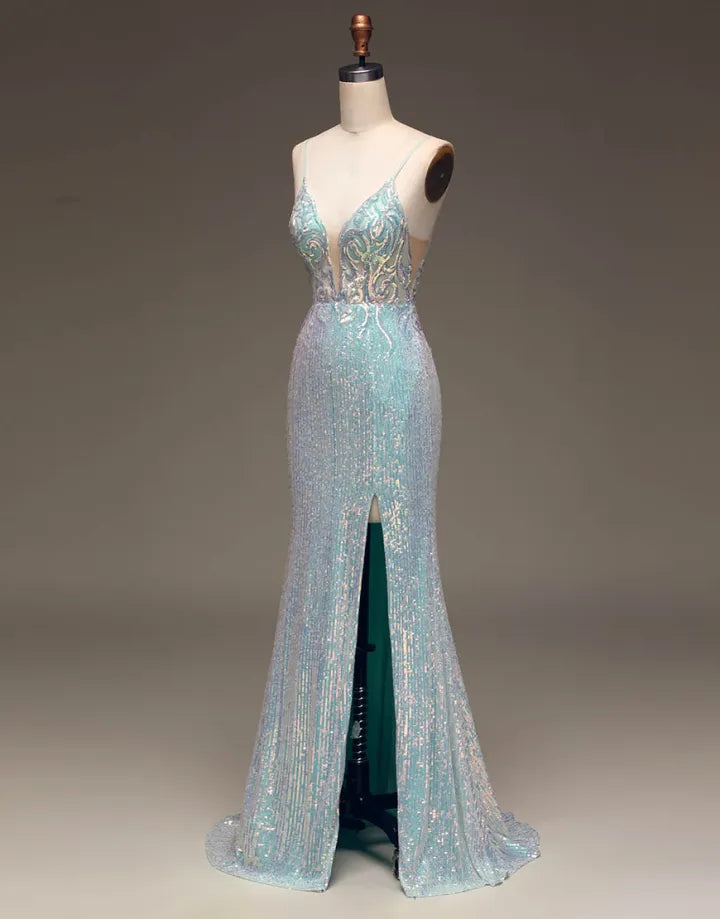Sparkling Italian Noodle Strap Long Mermaid Ball Dress Split