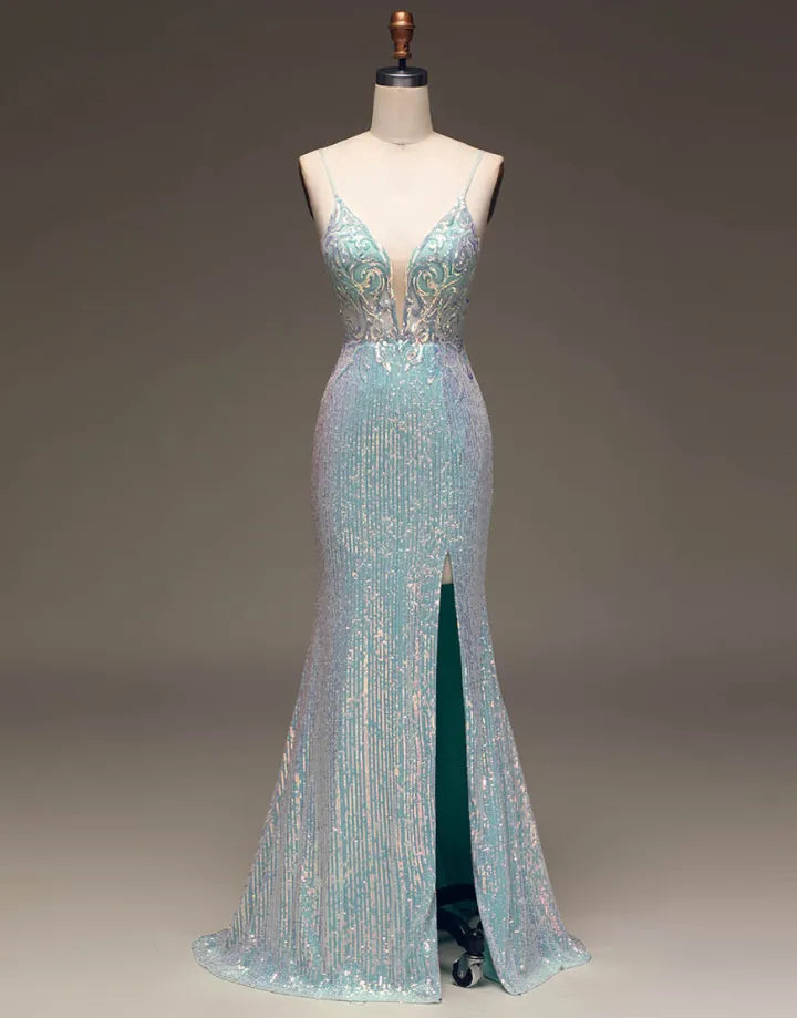 Sparkling Italian Noodle Strap Long Mermaid Ball Dress Split