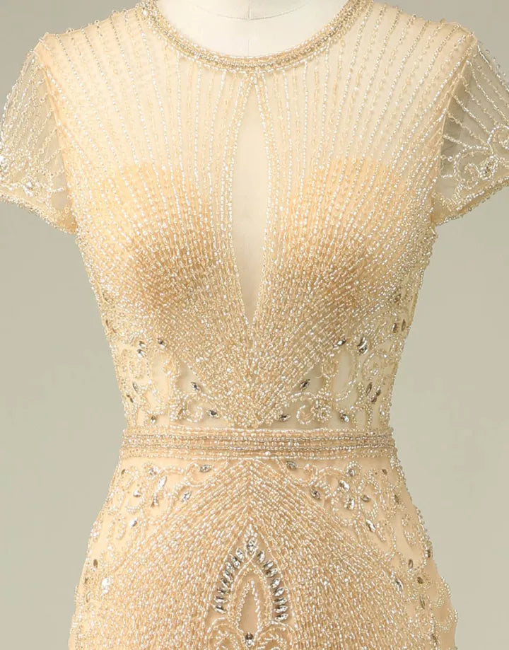 Sparkling and Sexy Mermaid Hat Sleeves Long Beaded Ball Dress