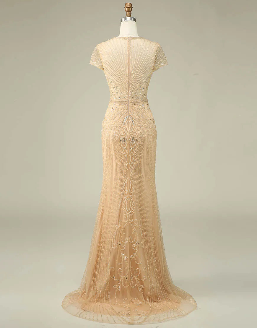 Sparkling and Sexy Mermaid Hat Sleeves Long Beaded Ball Dress