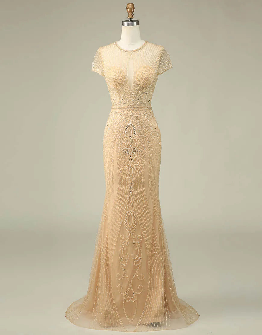 Sparkling and Sexy Mermaid Hat Sleeves Long Beaded Ball Dress
