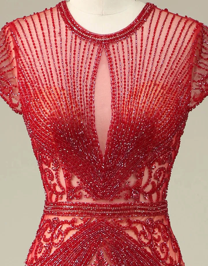 Sparkling and Sexy Mermaid Hat Sleeves Long Beaded Ball Dress