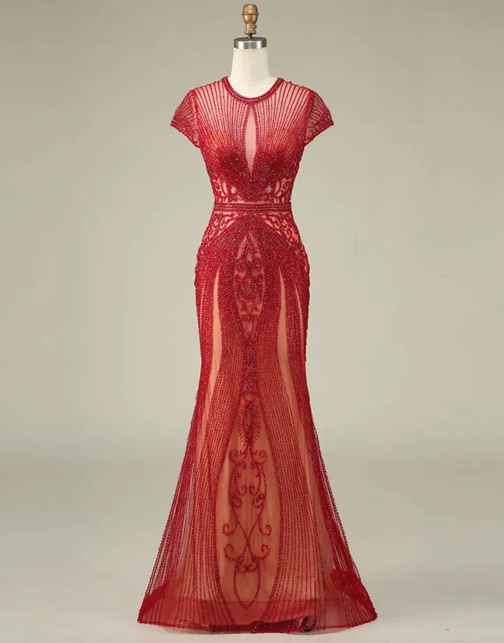 Sparkling and Sexy Mermaid Hat Sleeves Long Beaded Ball Dress