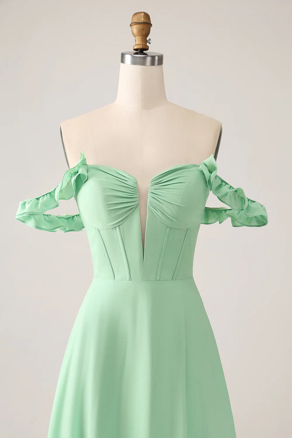 A Line Off The Shoulder Corset Chiffon Long Bridesmaid Dress with Ruffles