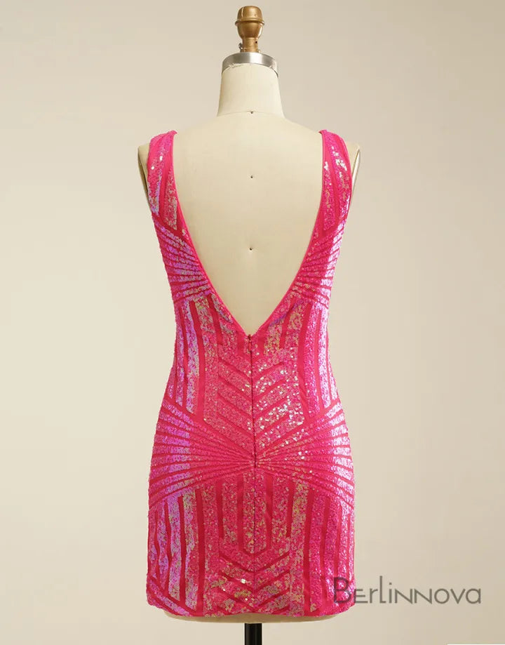 Sexy slim fit V-neck sequin mesh sleeveless return to school short dress
