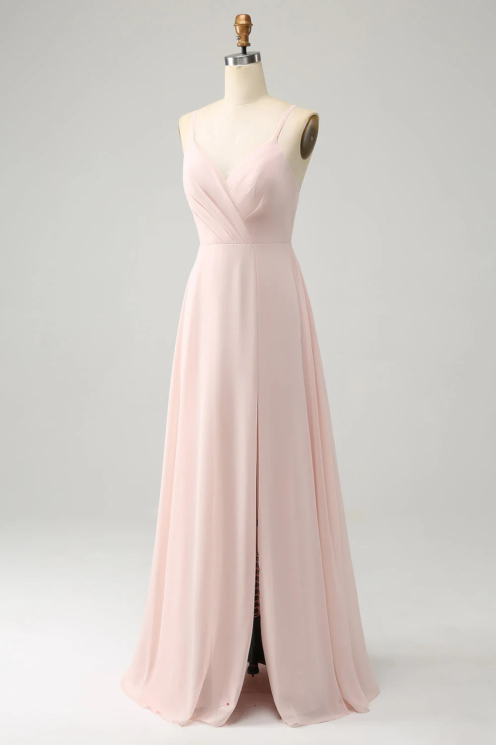 A Line Spaghetti Straps Chiffon Long Bridesmaid Dress with Slit