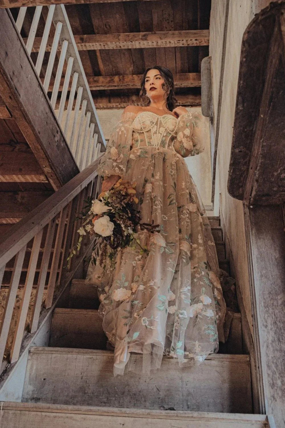 Long sleeved sweet and elegant sheer dance dress adorned with pearls and decals