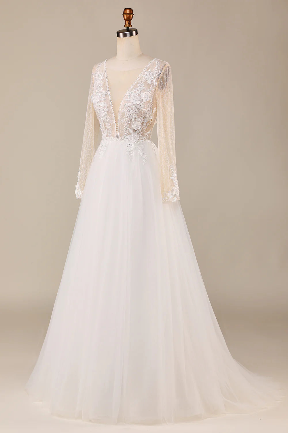 A Line Deep V-Neck Ivory Tulle Sweep Train Wedding Dress