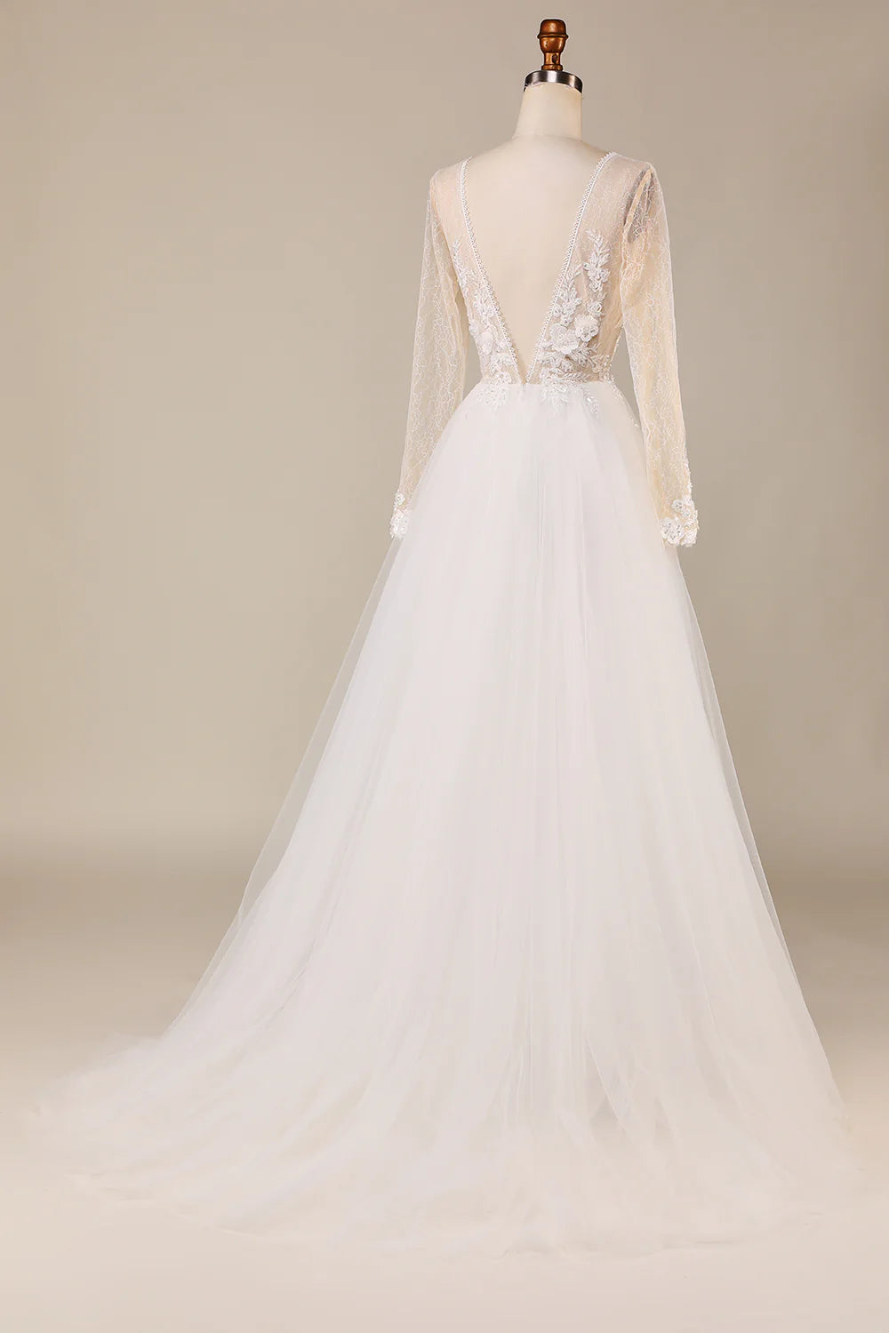 A Line Deep V-Neck Ivory Tulle Sweep Train Wedding Dress