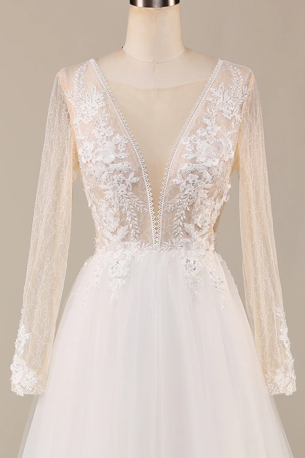 A Line Deep V-Neck Ivory Tulle Sweep Train Wedding Dress