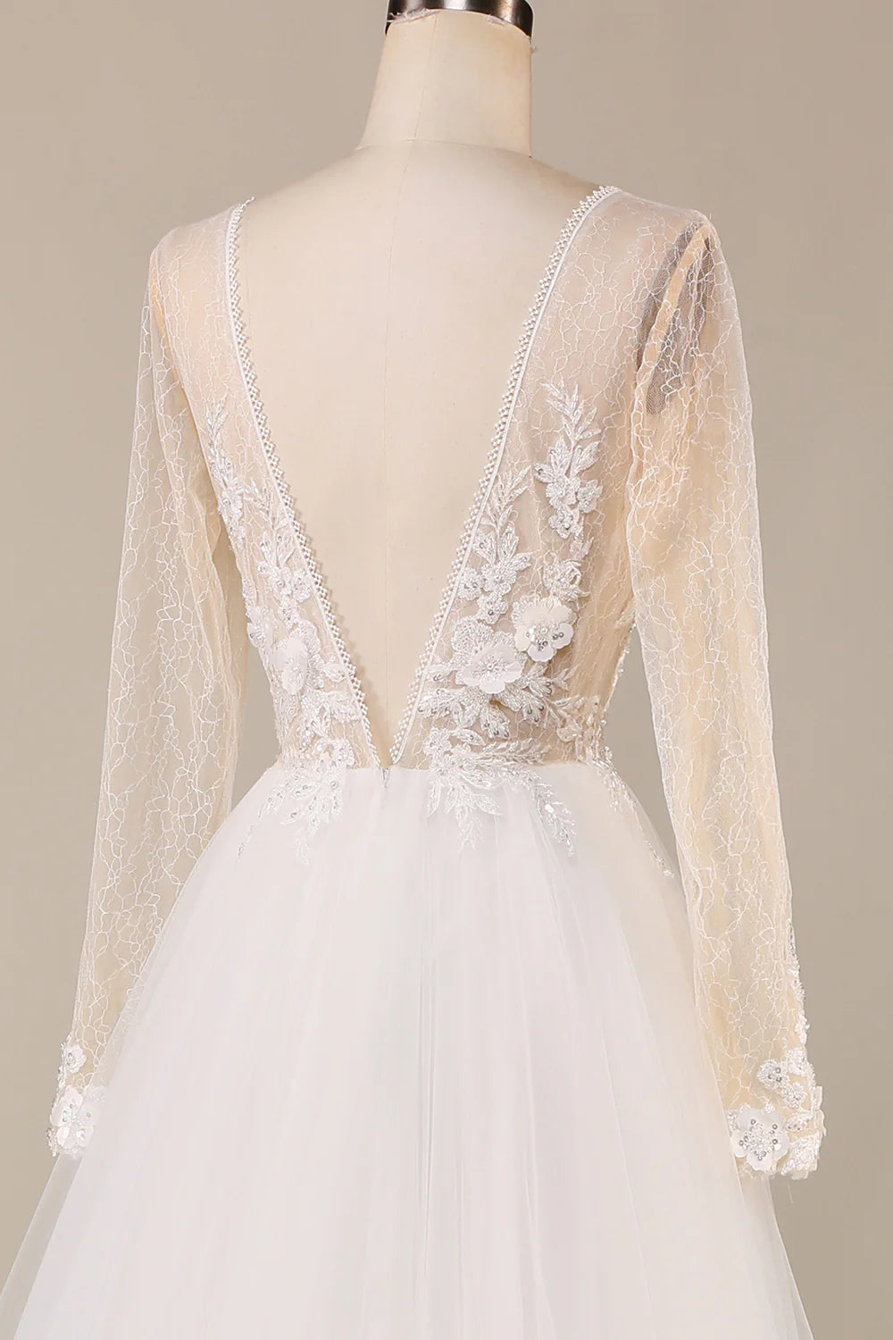 A Line Deep V-Neck Ivory Tulle Sweep Train Wedding Dress
