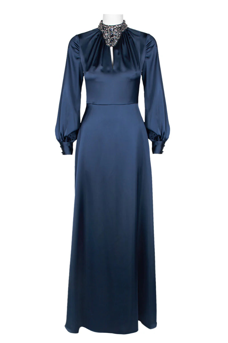 Embellished high Neck Long Sleeve Keyhole Front Zipper Back Satin Mother of the Bride Dresses