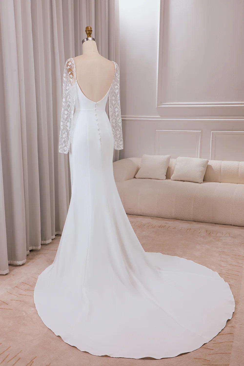Trumpet Sweetheart Neck Satin Bridal Dress with Lace Long Sleeves