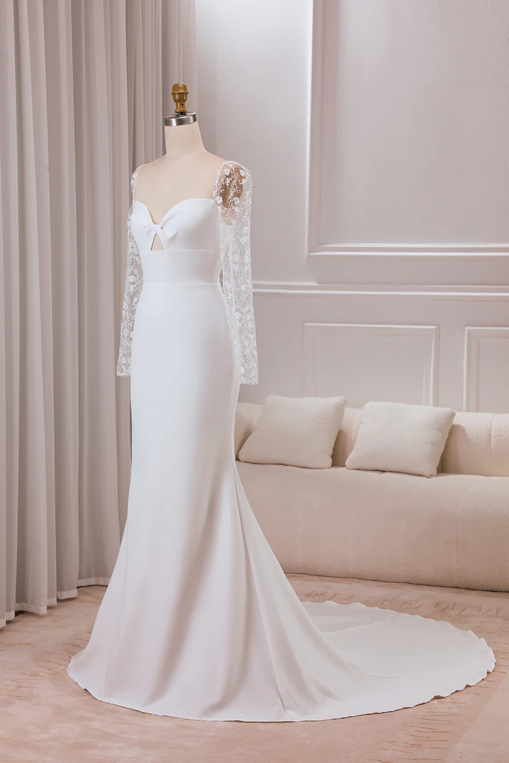 Trumpet Sweetheart Neck Satin Bridal Dress with Lace Long Sleeves