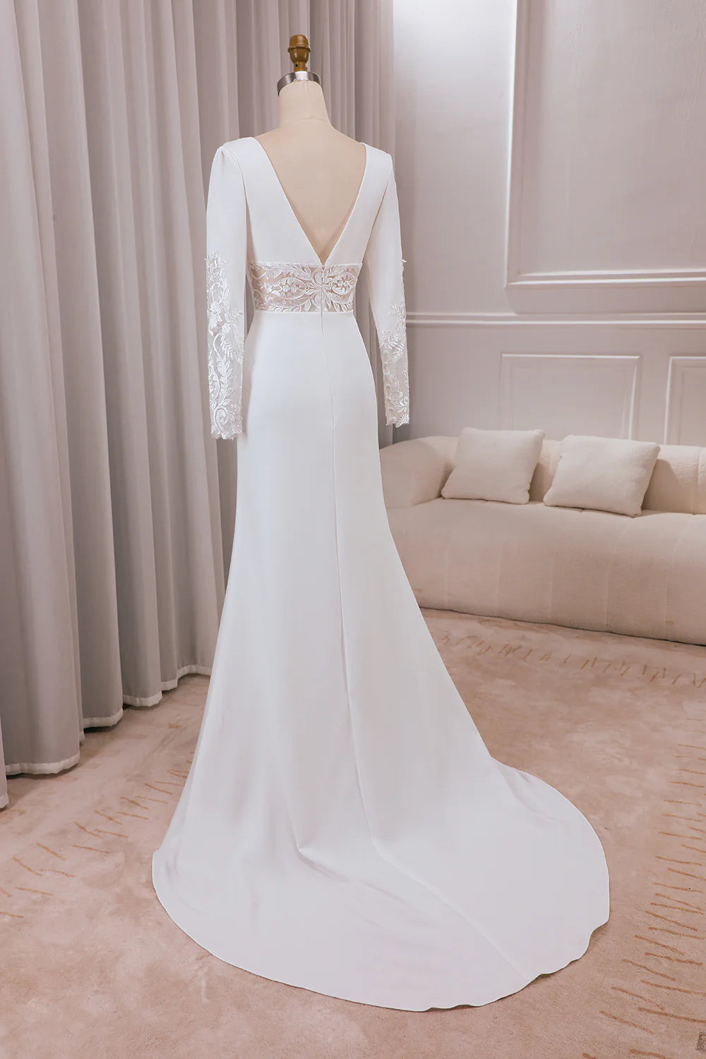 V-neck Long Sleeves Crepe and Lace Mermaid Bridal Dress