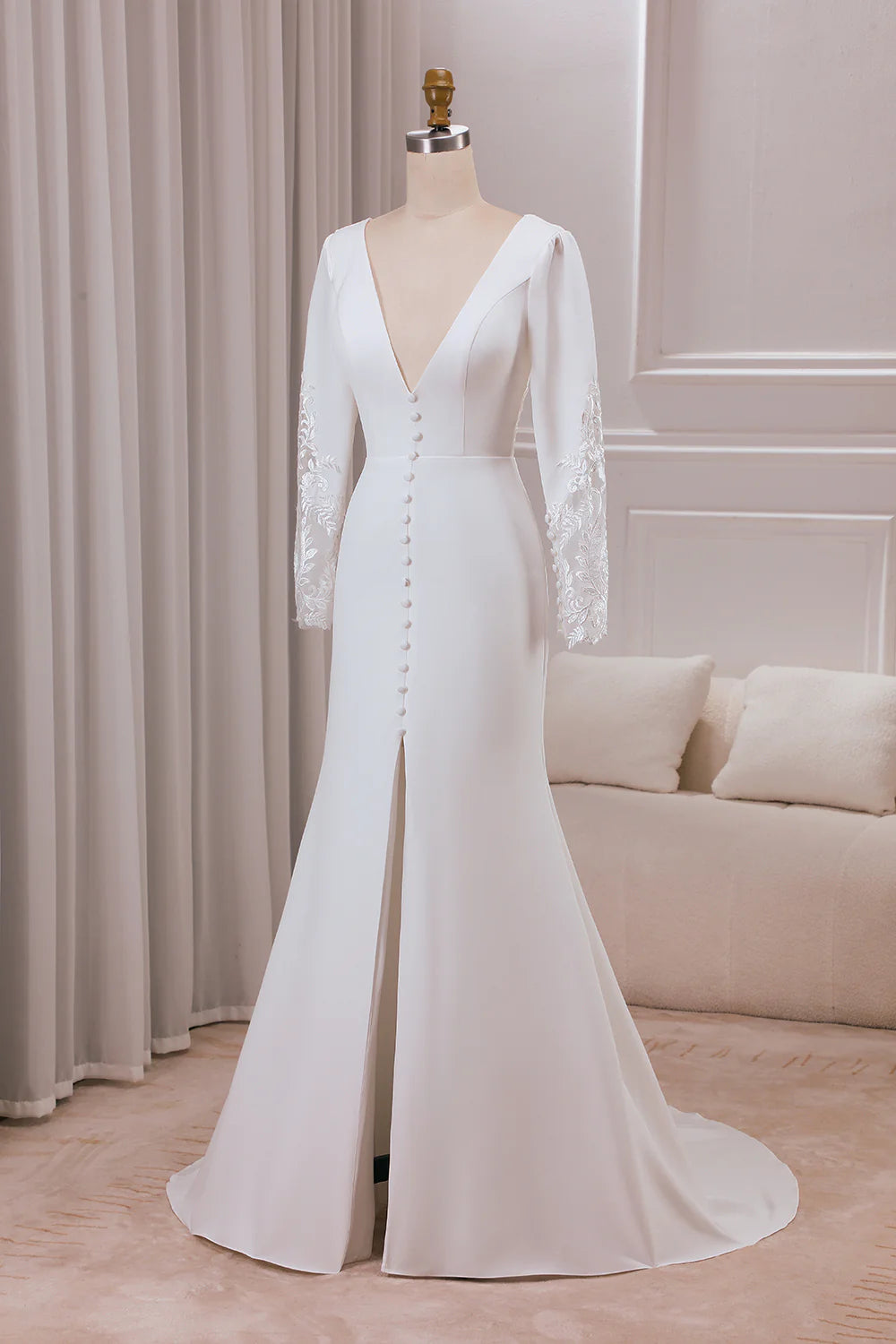 V-neck Long Sleeves Crepe and Lace Mermaid Bridal Dress