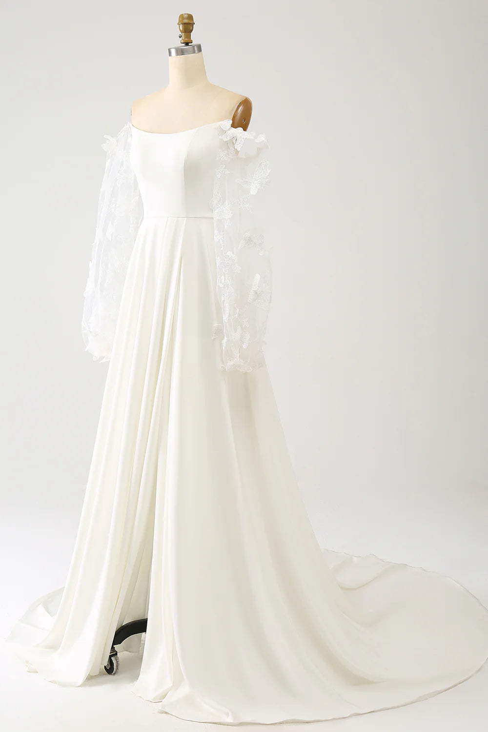 A Line Long Chiffon Wedding Dress With 3D Butterflies Long