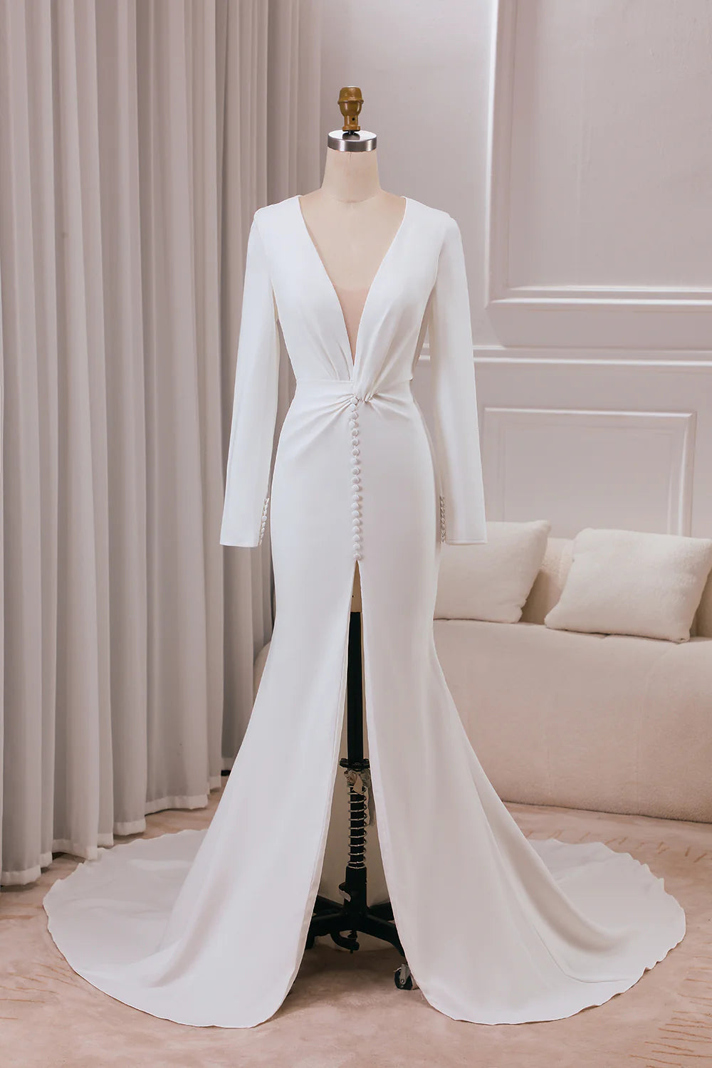 V-neck Long Sleeves Crepe Mermaid Wedding Dress with Front Slit