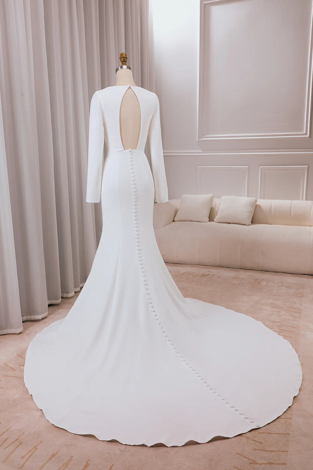 V-neck Long Sleeves Crepe Mermaid Wedding Dress with Front Slit