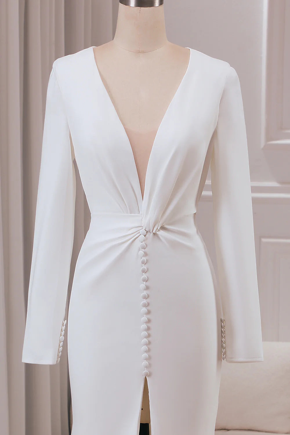 V-neck Long Sleeves Crepe Mermaid Wedding Dress with Front Slit