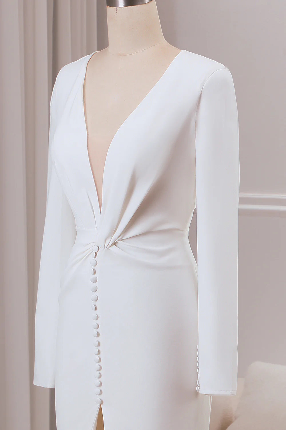 V-neck Long Sleeves Crepe Mermaid Wedding Dress with Front Slit