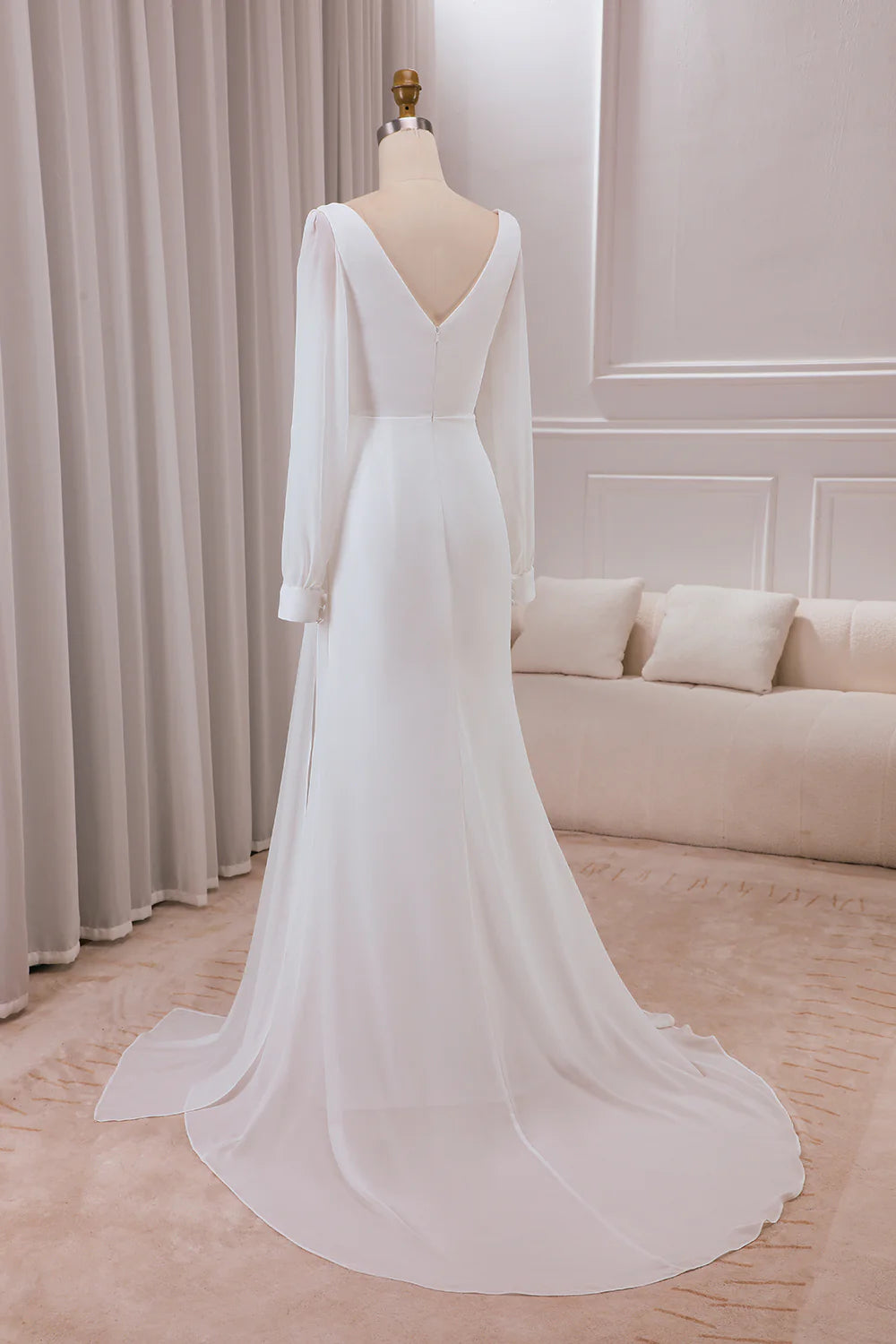 V-neck Long Sleeves A-line Chiffon Bridal Dress