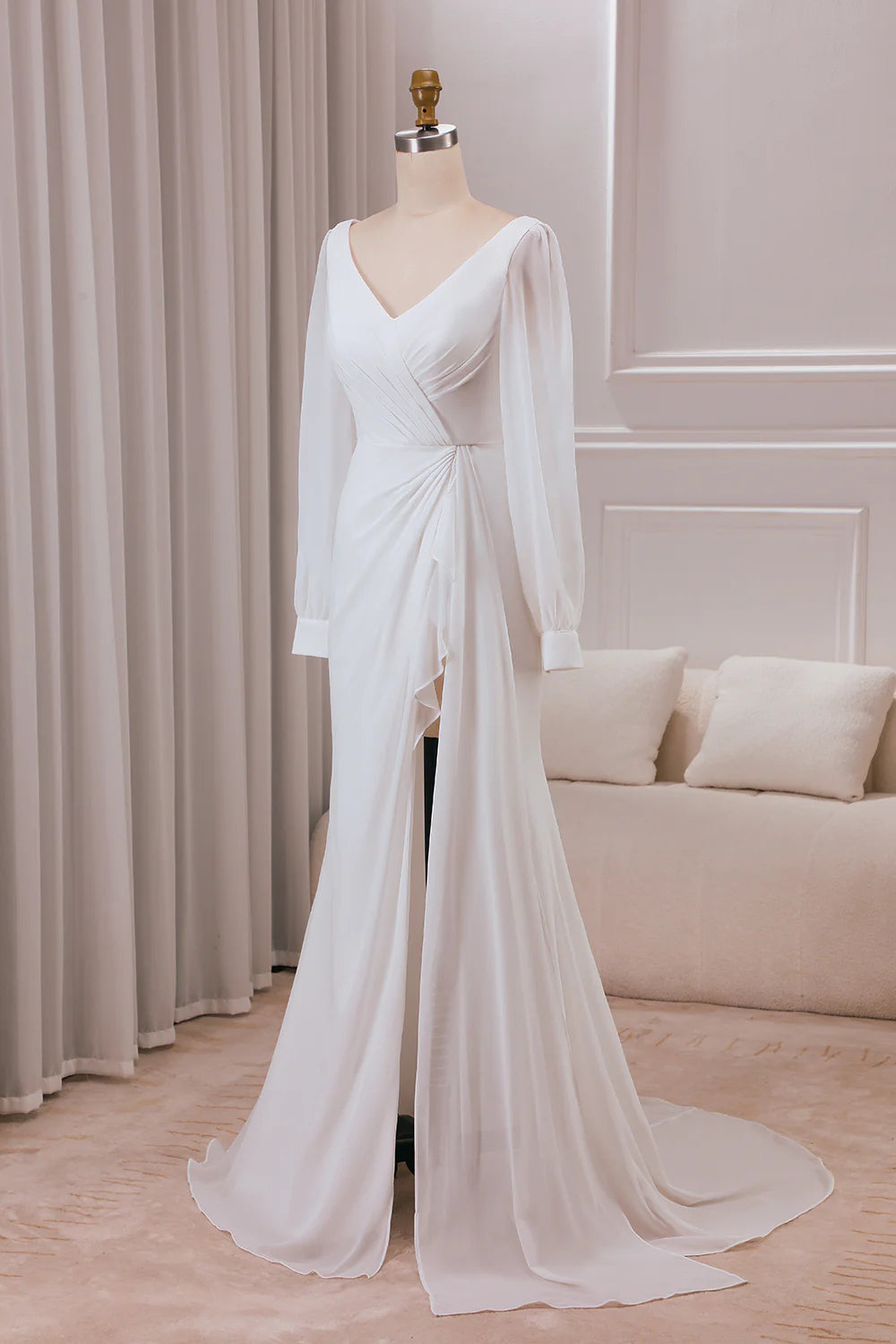 V-neck Long Sleeves A-line Chiffon Bridal Dress