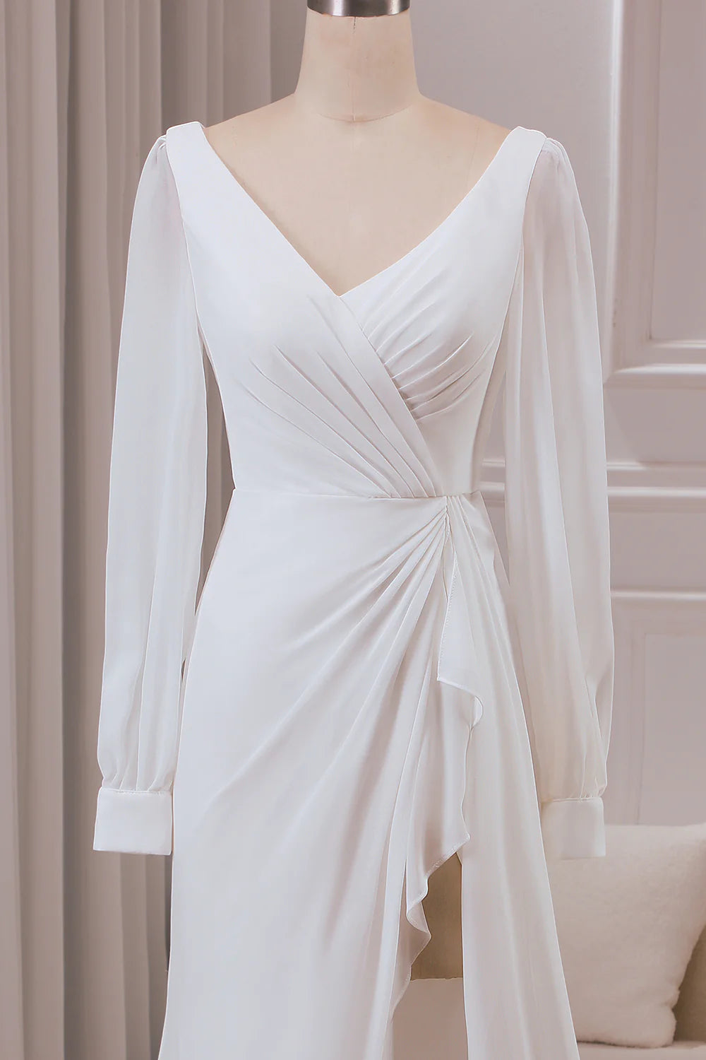 V-neck Long Sleeves A-line Chiffon Bridal Dress