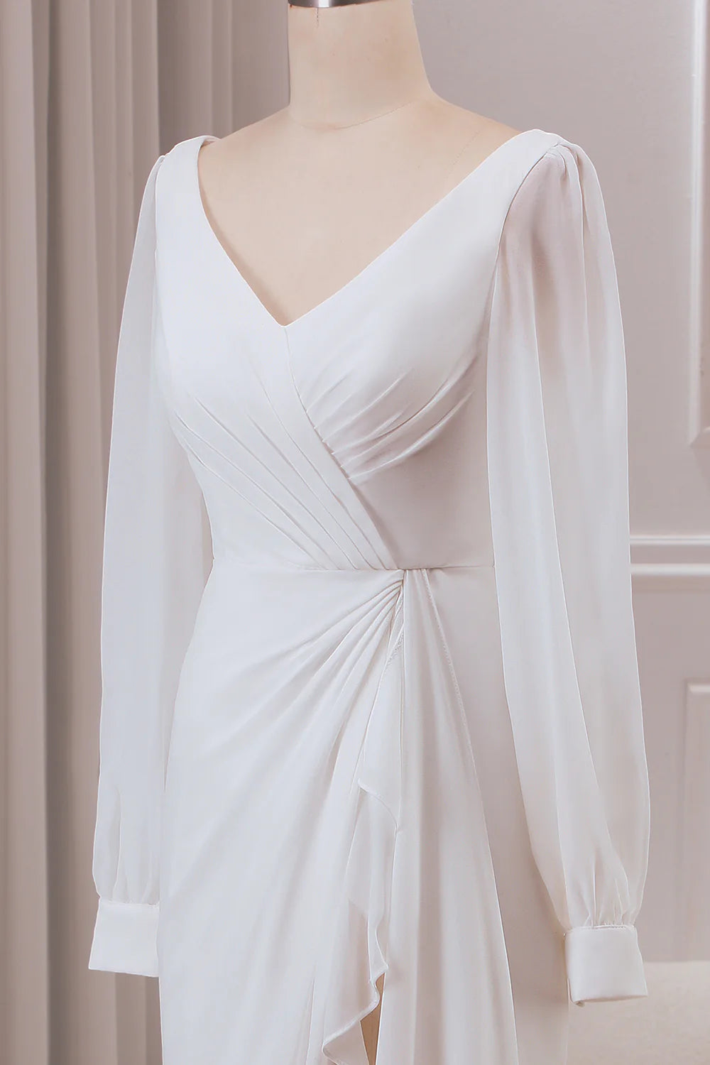 V-neck Long Sleeves A-line Chiffon Bridal Dress