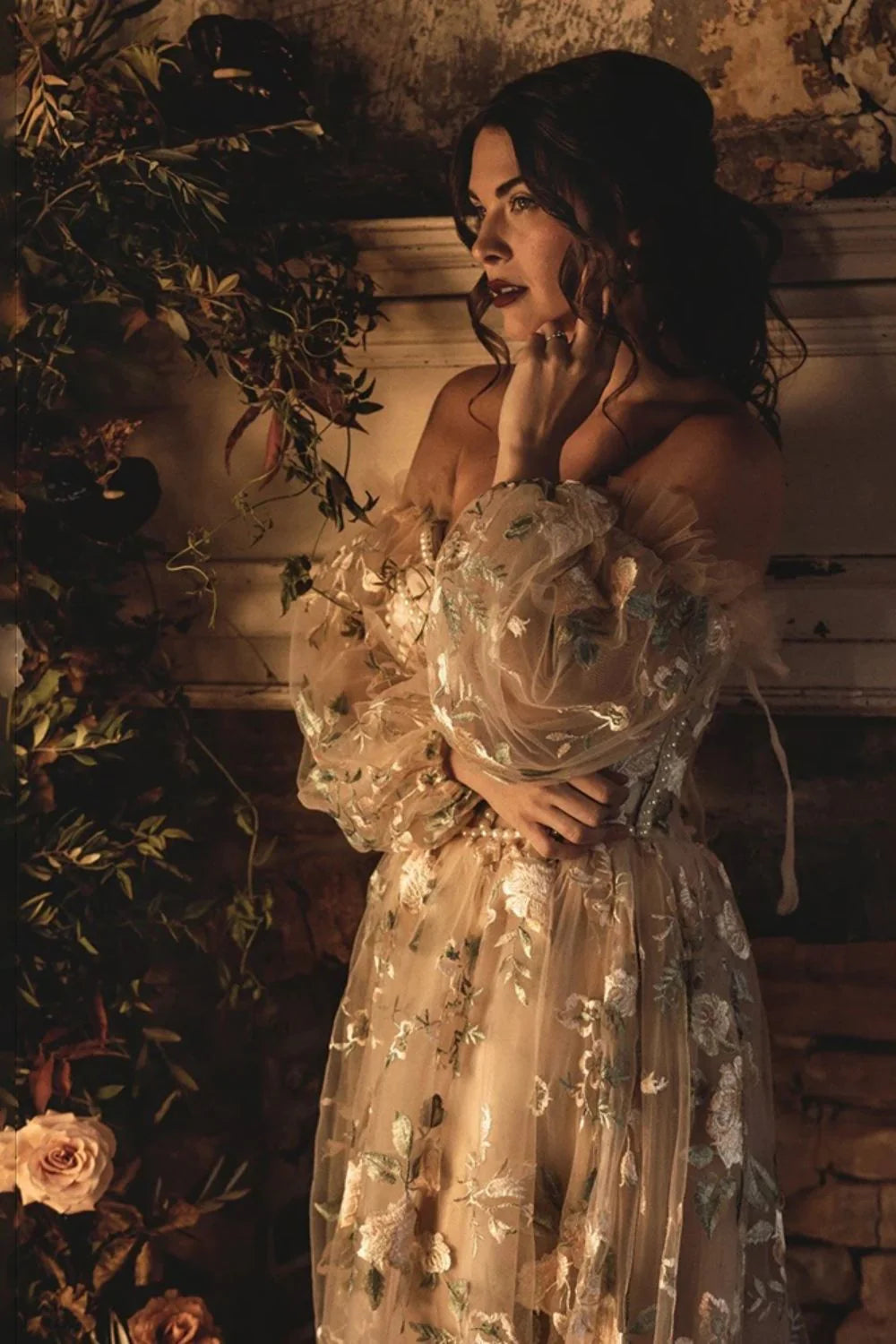 Long sleeved sweet and elegant sheer dance dress adorned with pearls and decals