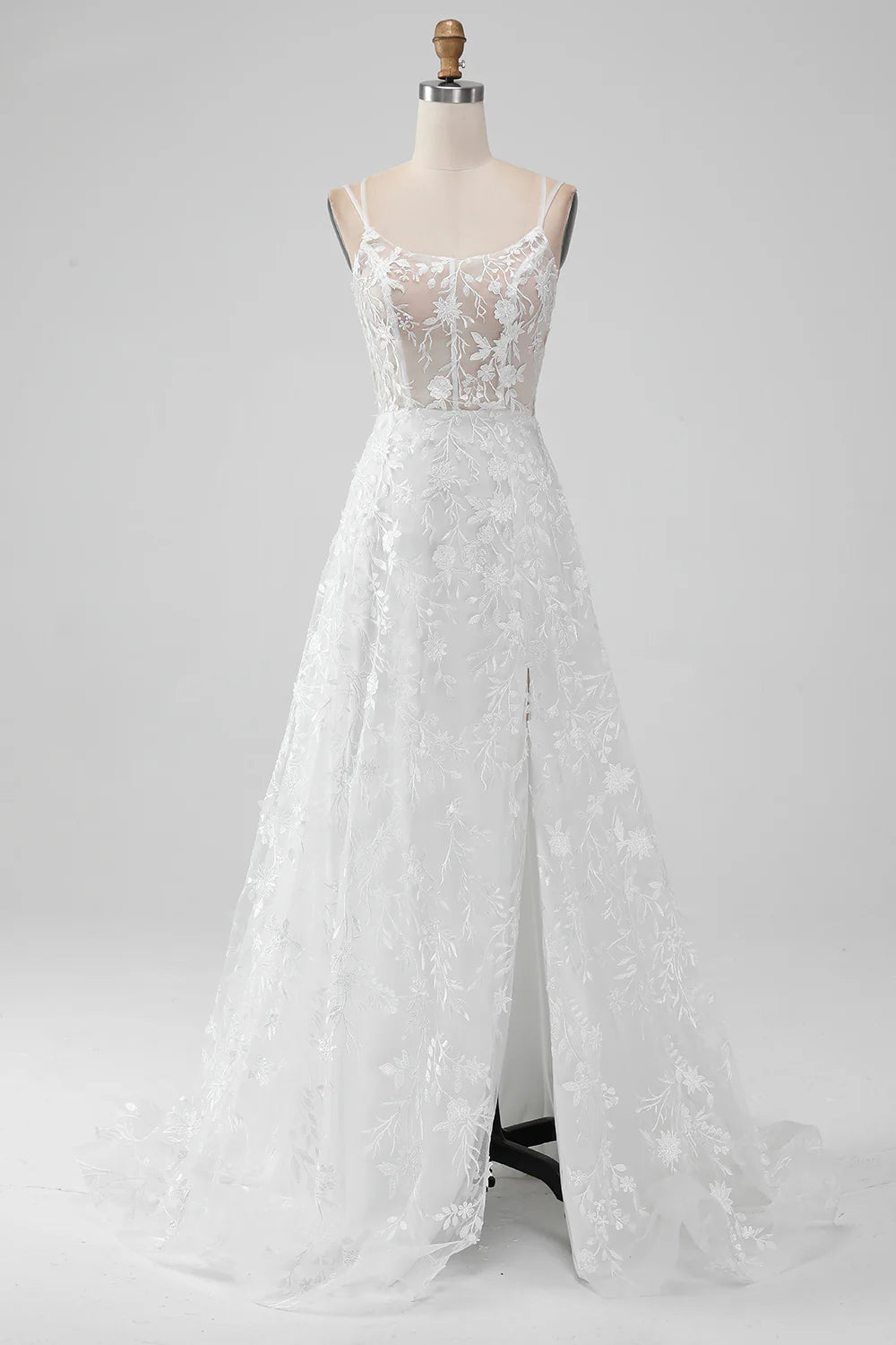 A Line Spaghetti Straps Applique Lace Corset Wedding Dress