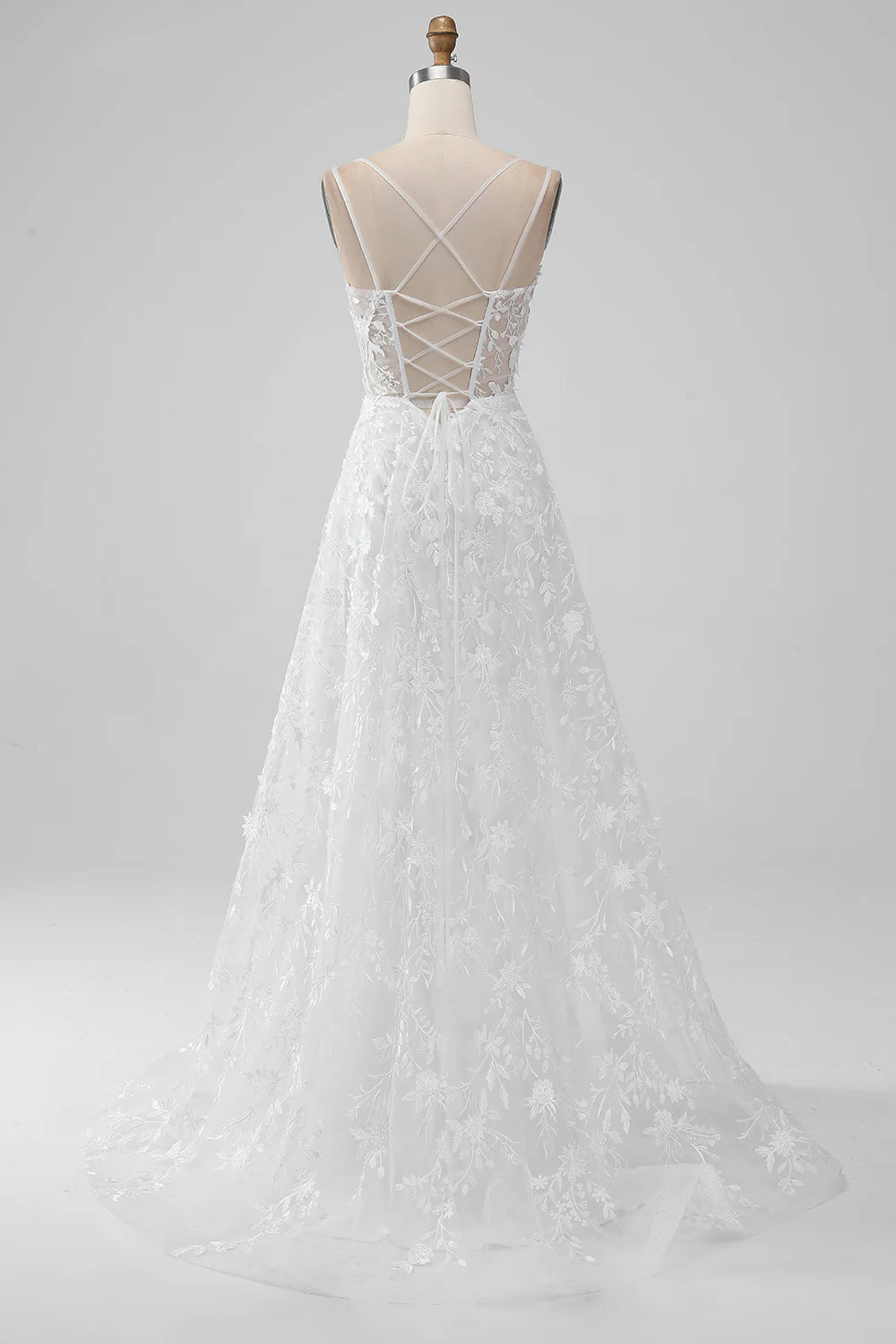 A Line Spaghetti Straps Applique Lace Corset Wedding Dress