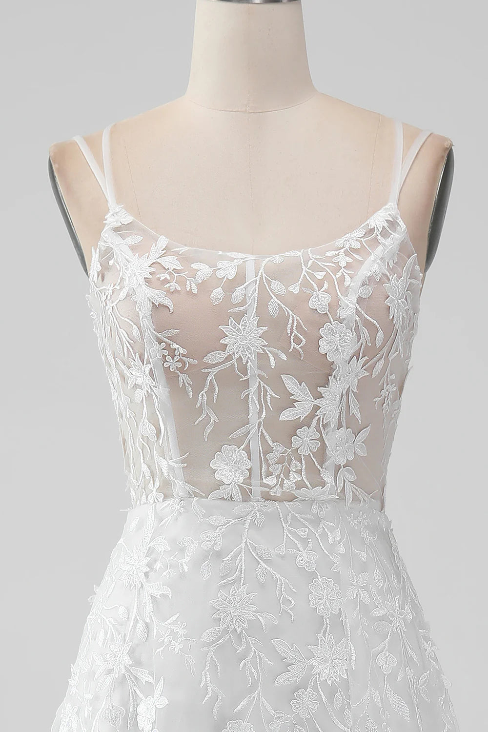 A Line Spaghetti Straps Applique Lace Corset Wedding Dress
