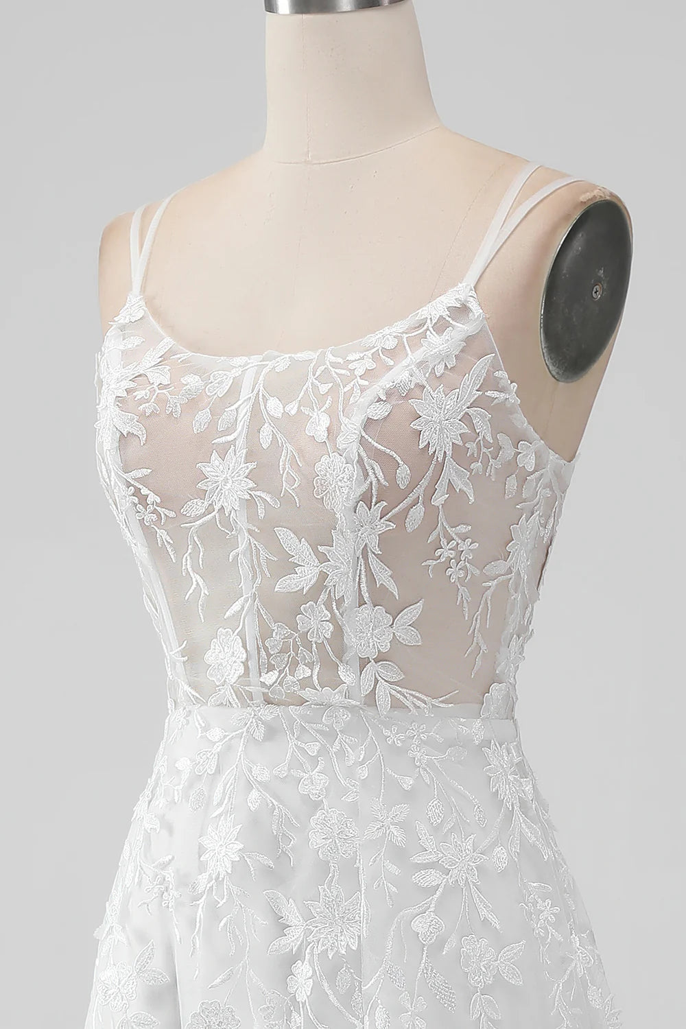 A Line Spaghetti Straps Applique Lace Corset Wedding Dress