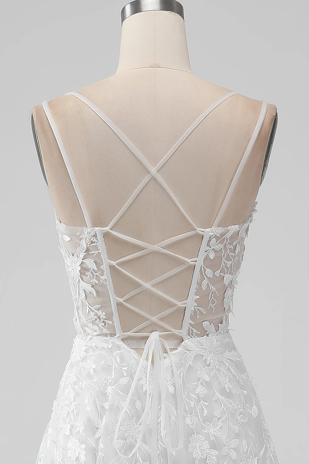 A Line Spaghetti Straps Applique Lace Corset Wedding Dress