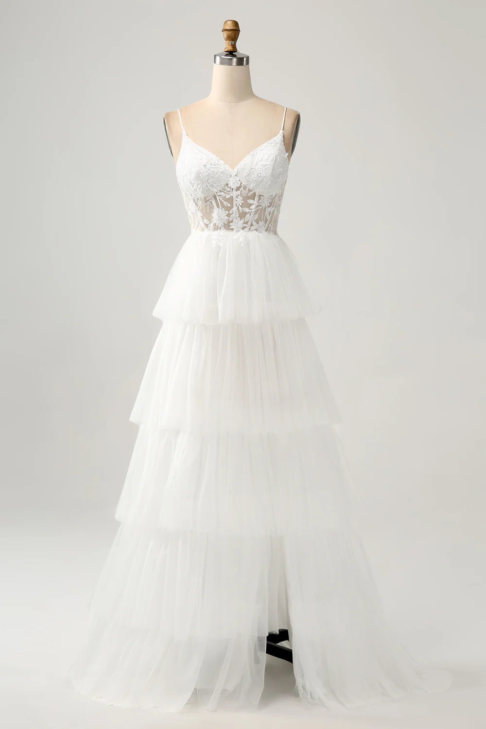 A-Line Tulle Tiered Corset Long Wedding Dress with Slit