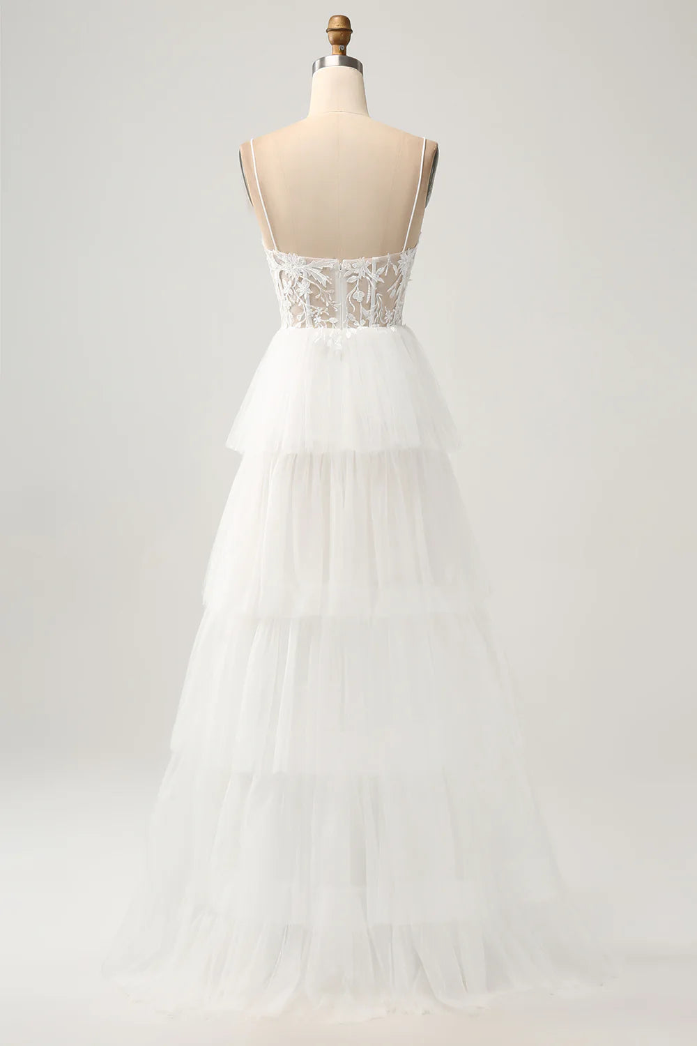 A-Line Tulle Tiered Corset Long Wedding Dress with Slit