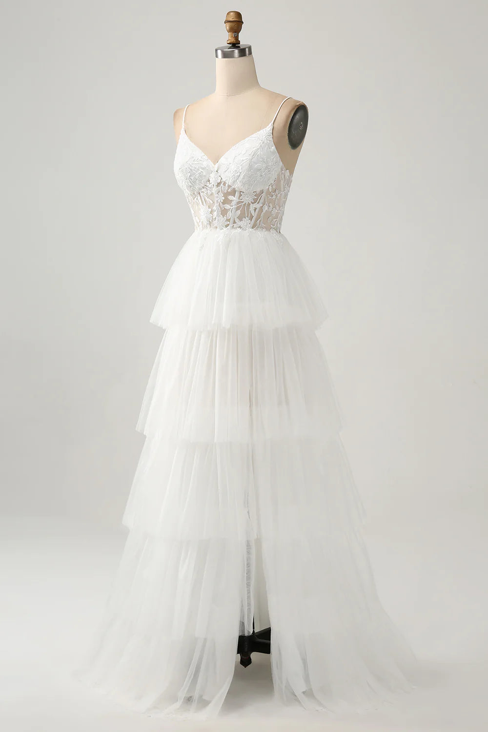 A-Line Tulle Tiered Corset Long Wedding Dress with Slit