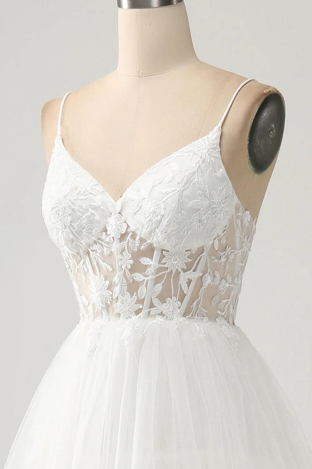 A-Line Tulle Tiered Corset Long Wedding Dress with Slit