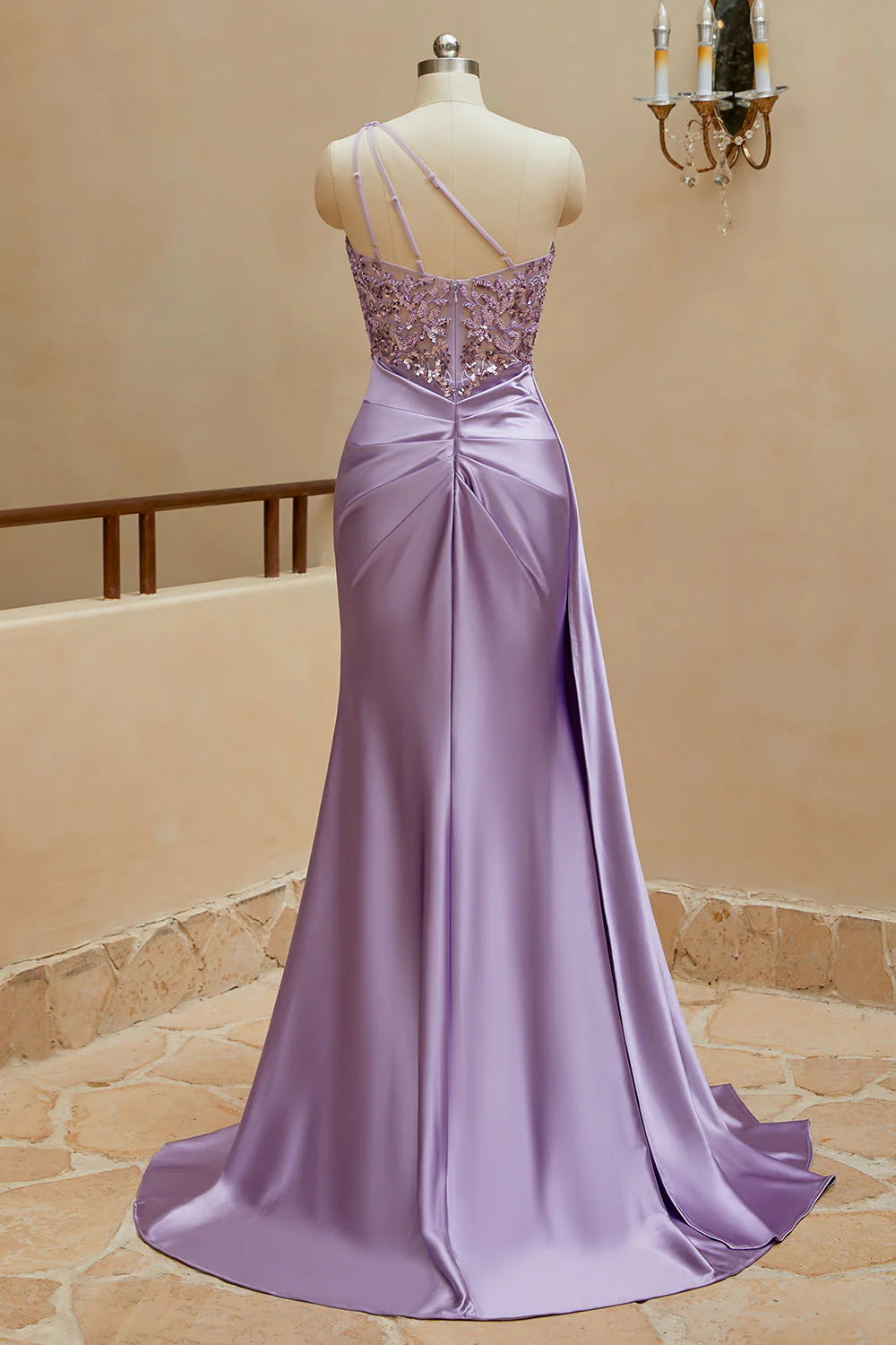 Sexy Mermaid Satin One Shoulder Beaded Ball Dress Sweeps Over the hem