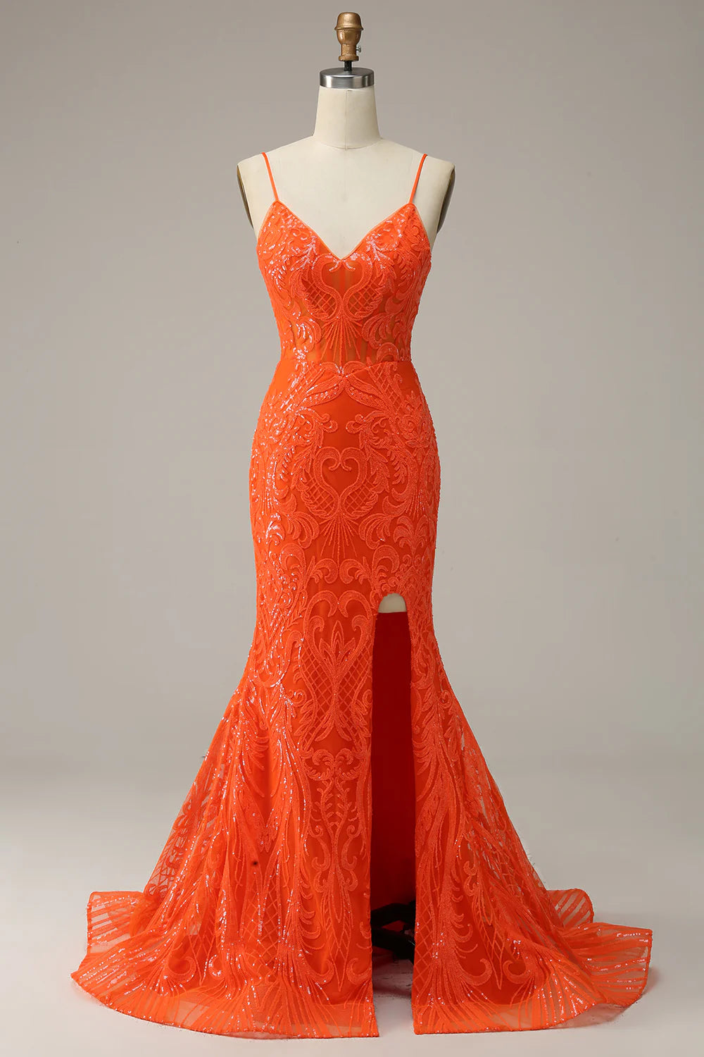 Elegant Mermaid Italian Noodle Strap Orange Split Long Ball Dress