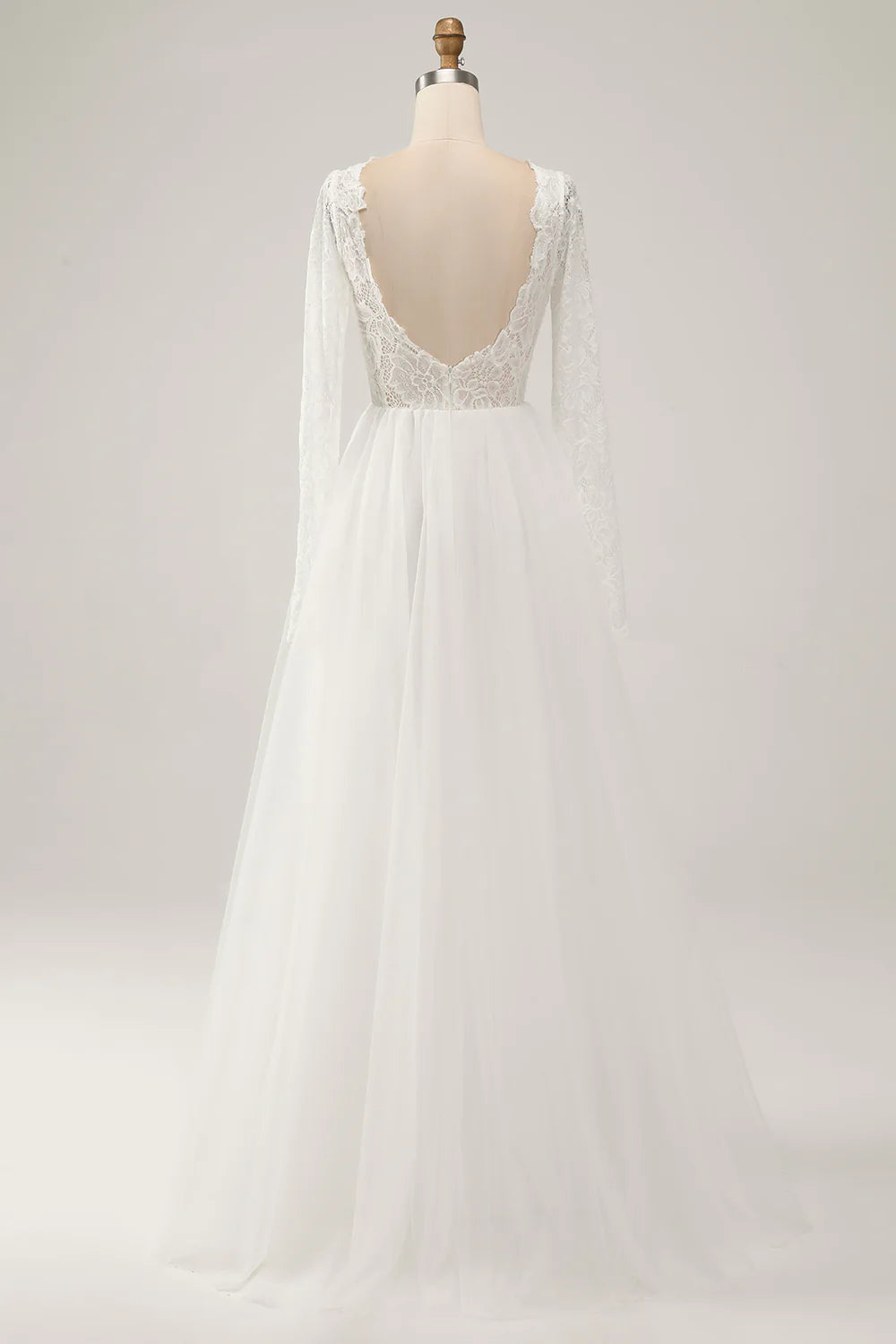 A Line Backless Long Sleeves Wedding Dress with Lace