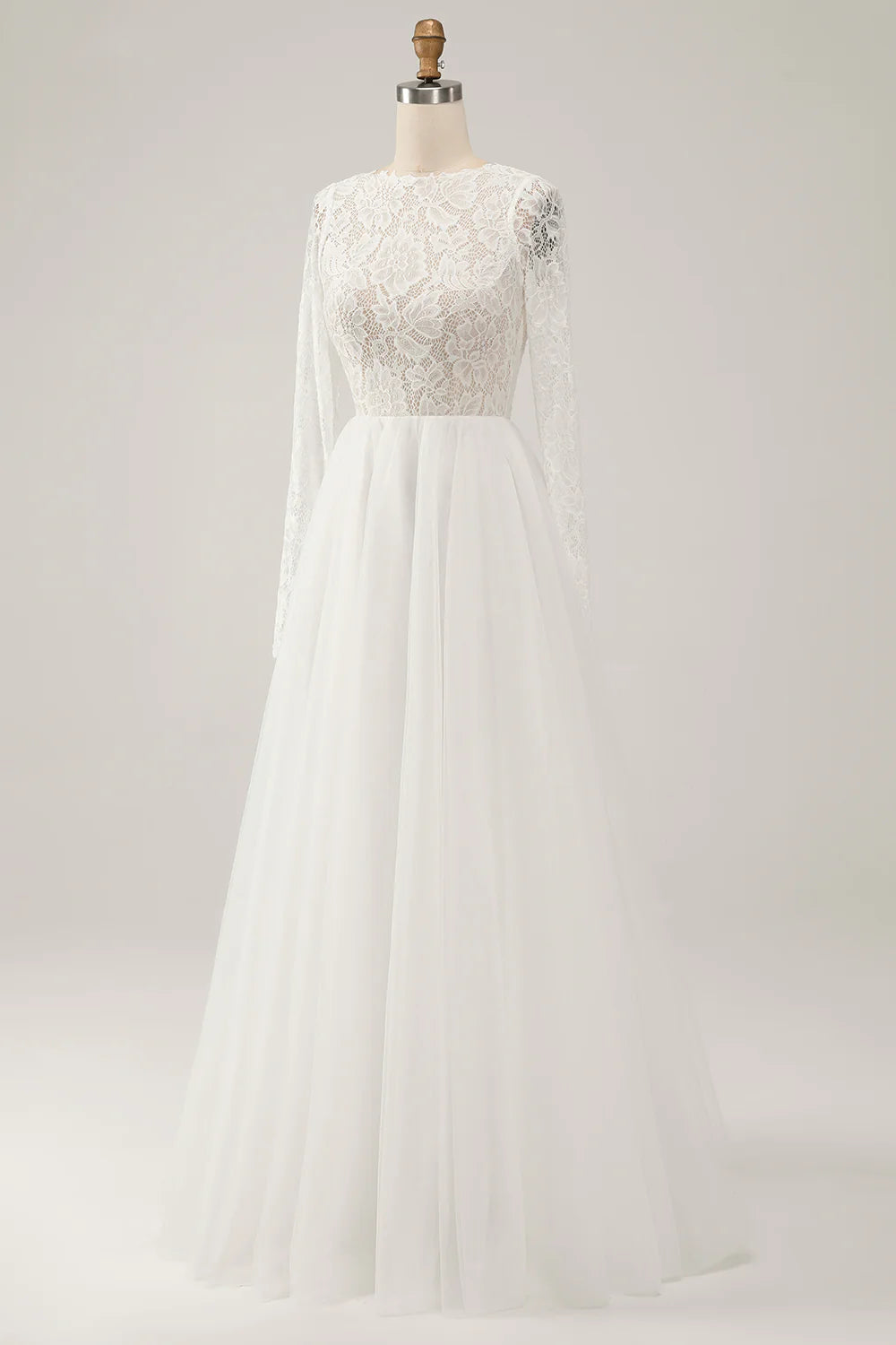 A Line Backless Long Sleeves Wedding Dress with Lace