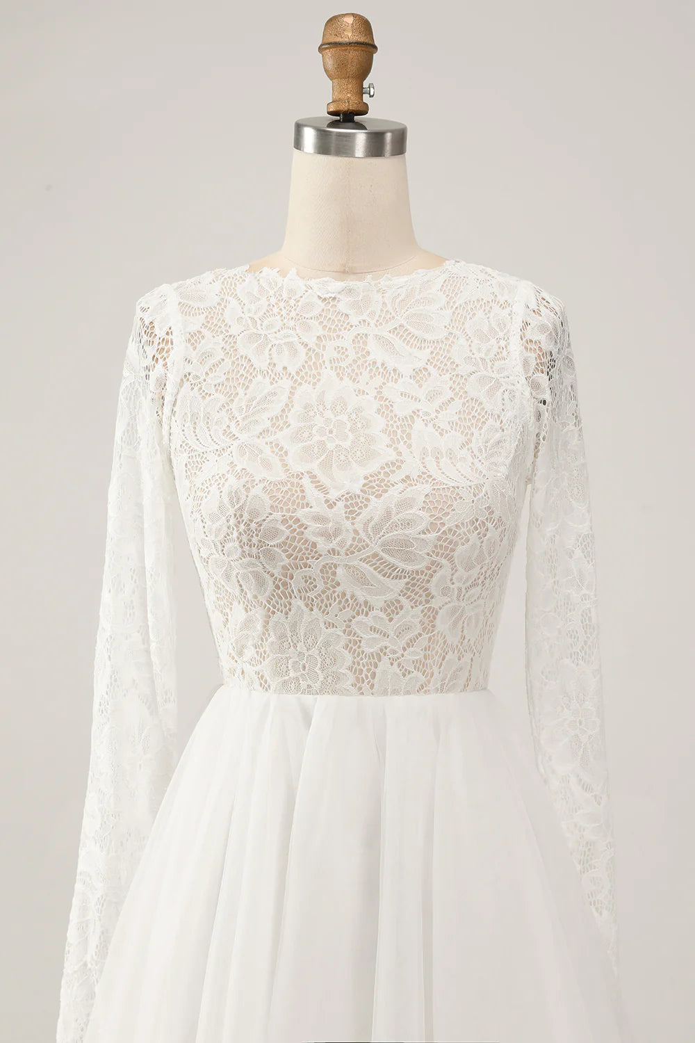 A Line Backless Long Sleeves Wedding Dress with Lace