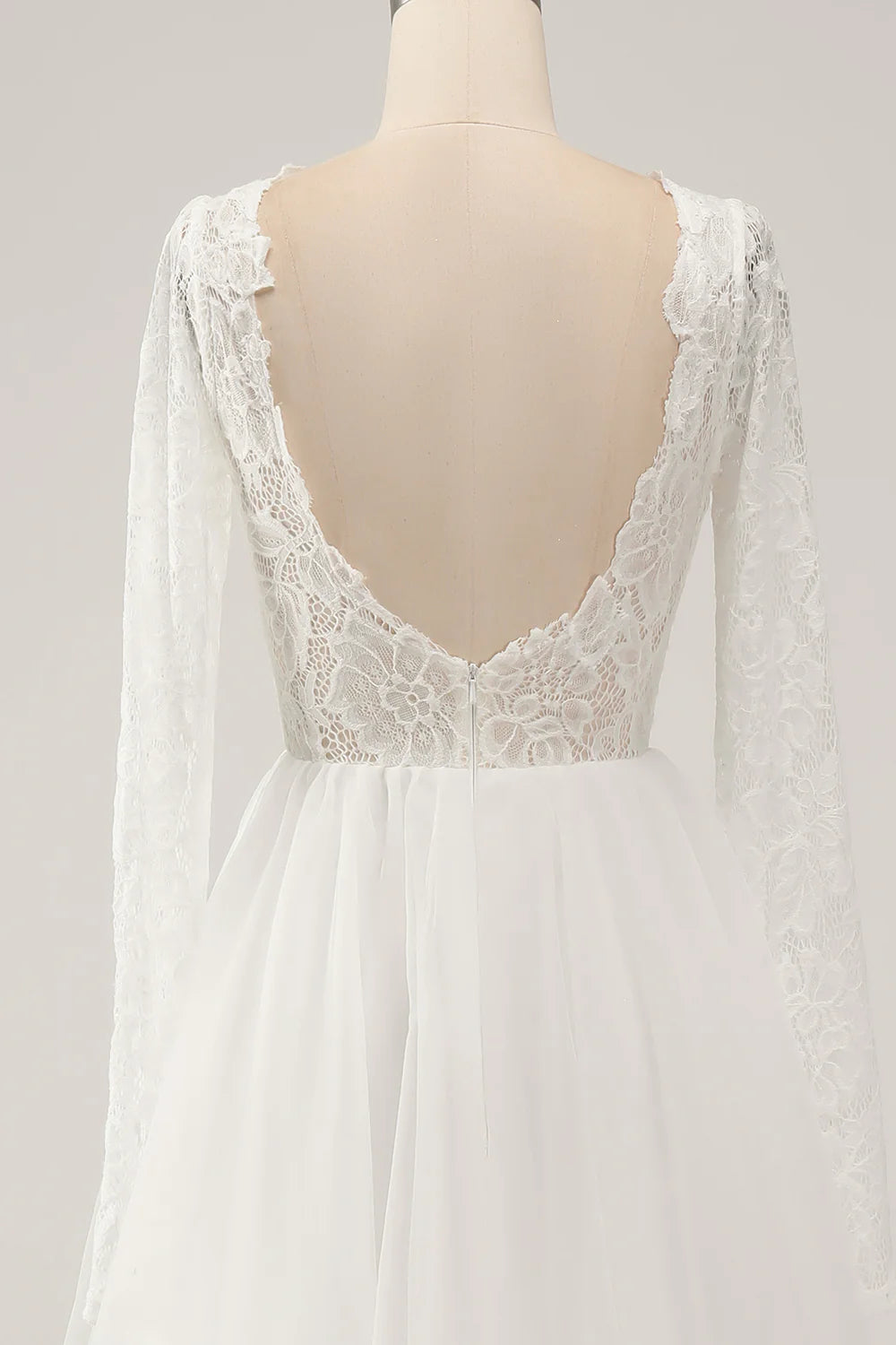 A Line Backless Long Sleeves Wedding Dress with Lace