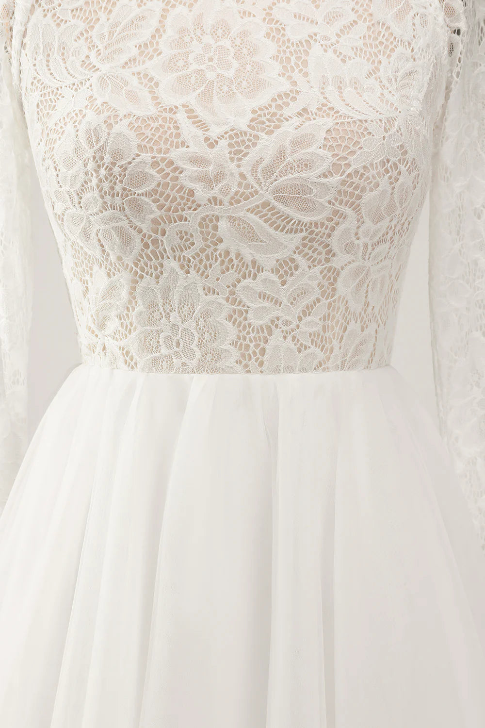 A Line Backless Long Sleeves Wedding Dress with Lace