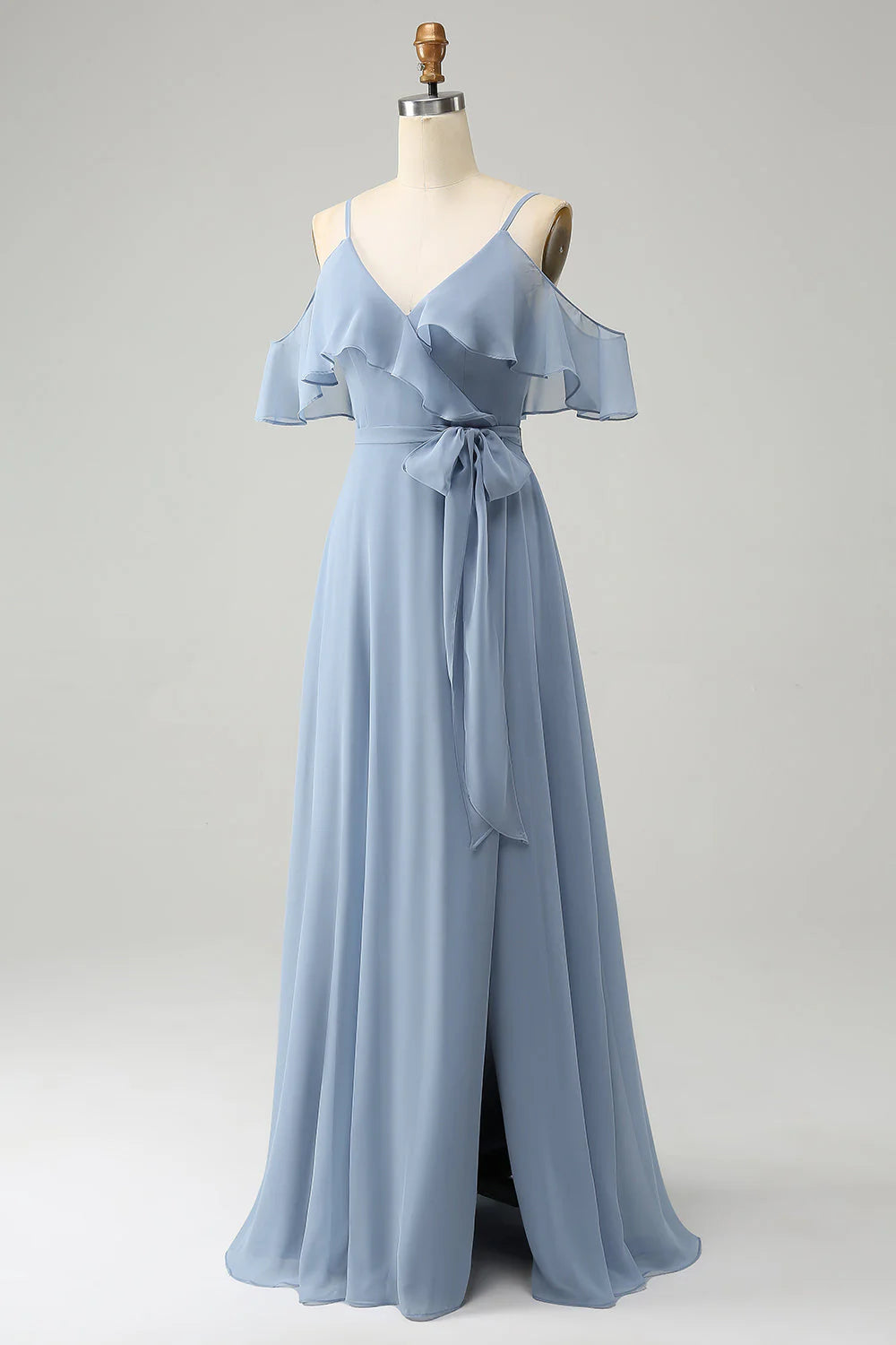 A Line Spaghetti Straps Chiffon Long Bridesmaid Dress with Slit
