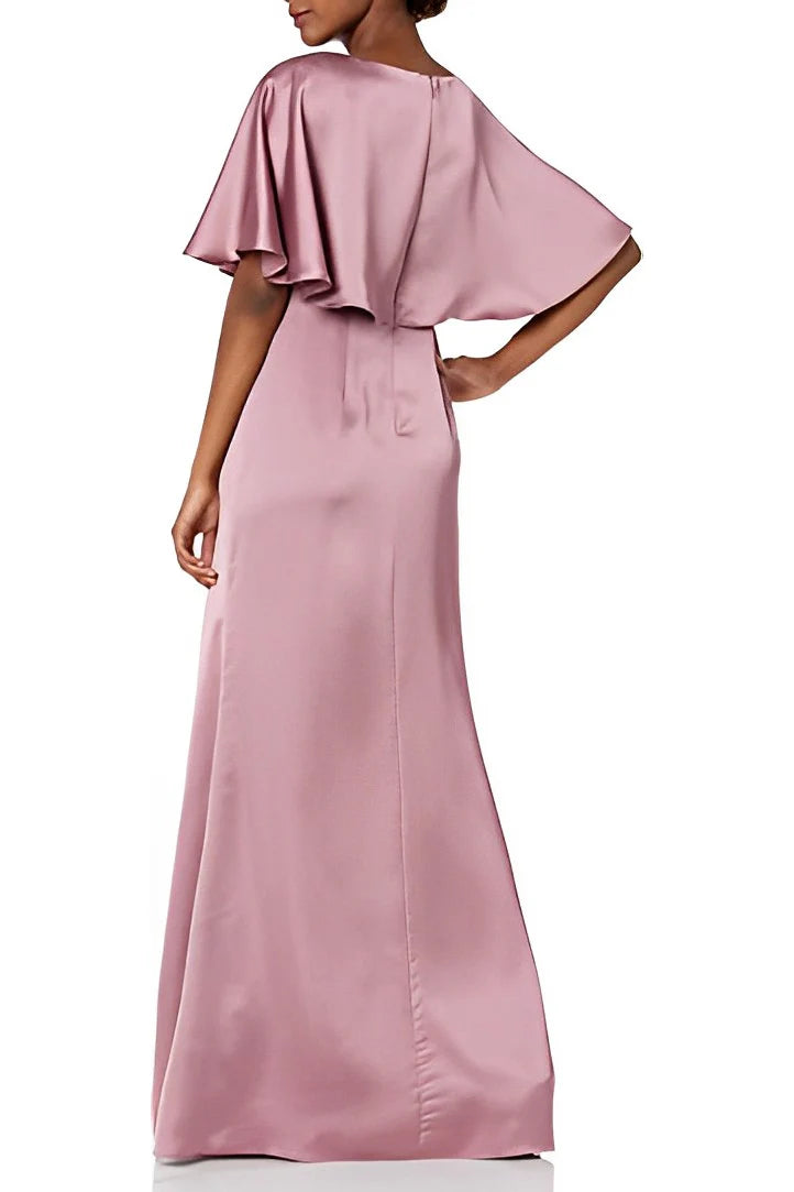 Boat Neck Short Sleeve Pleated Brooch Front Zipper Back Satin Mother of the Bride Dresses