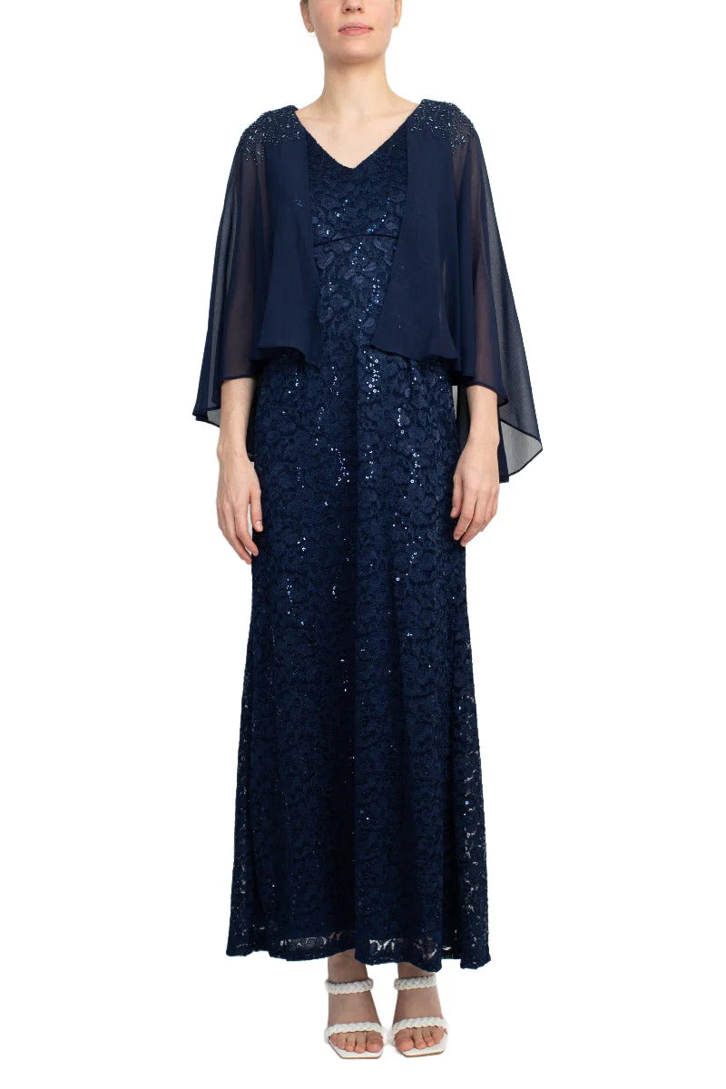 Fashion V-Neck Back Zipper Cape Sleeves Lace Long Mother of the Bride Dresses