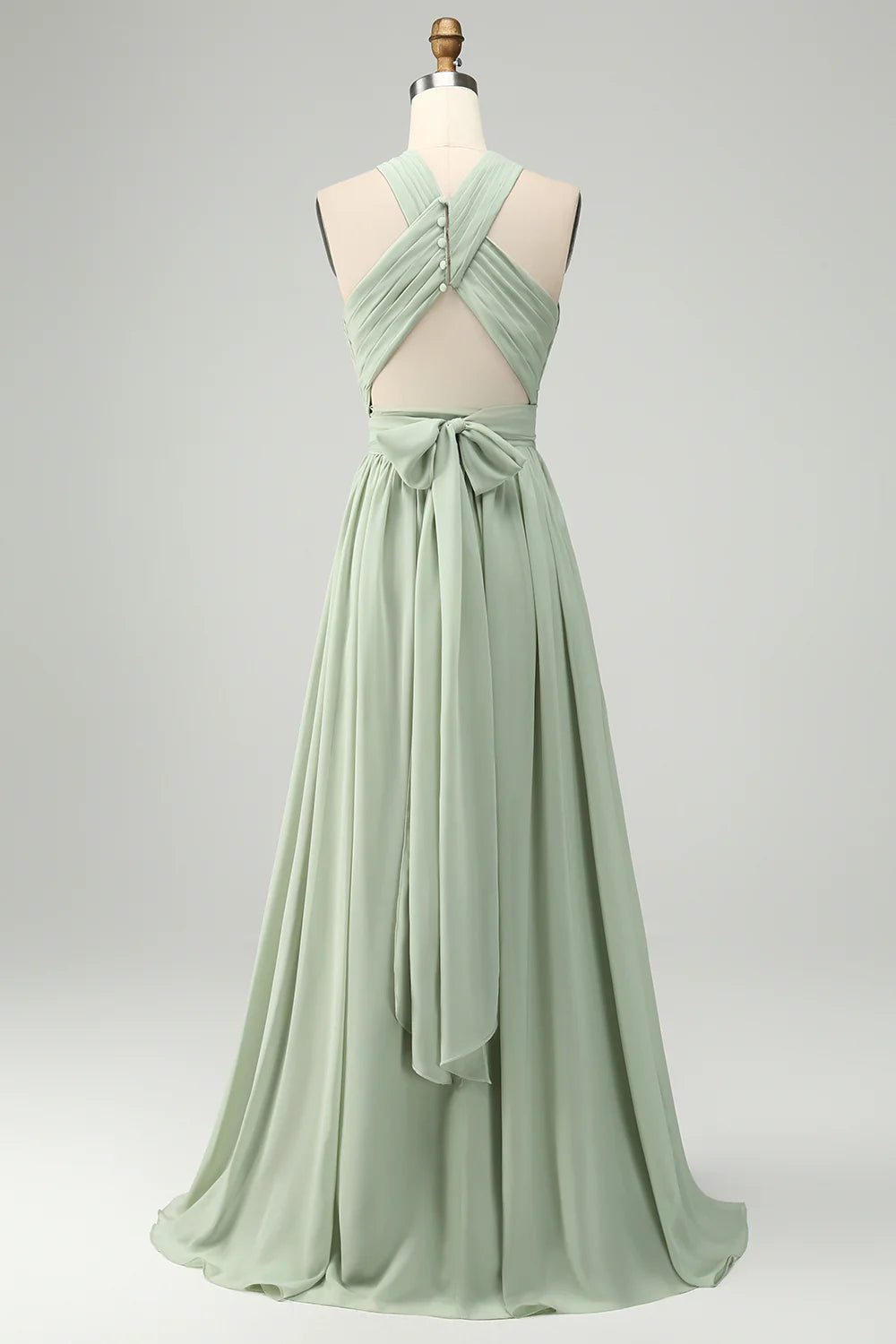 A Line Halter Pleated Long Maternity Bridesmaid Dress with Slit